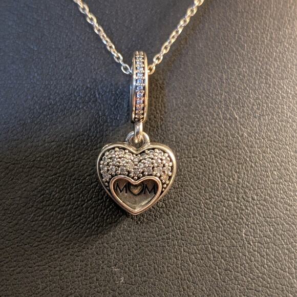 Genuine PANDORA 'I Love My Mom' Heart Locket Dangle Sterling CZ Charm Necklace - Picture 2 of 8